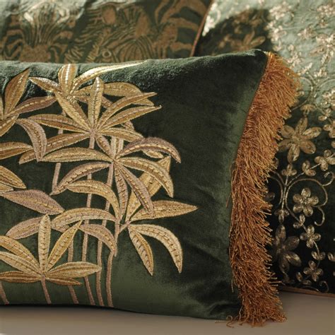Green Gold Palm Embroidered Velvet Cushion Cover