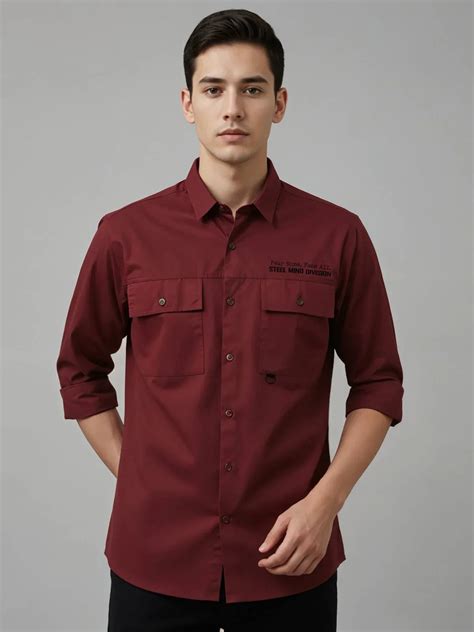 Adro Mens Cotton Twill Cargo Shirt Maroon – Full Sleeve Casual Shirt w