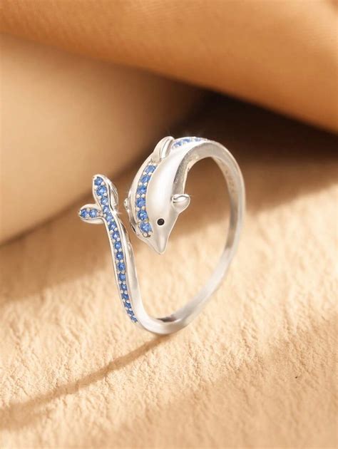 1pc 925 Sterling Silver Dolphin Adjustable Open Ring, Inlaid Blue ...