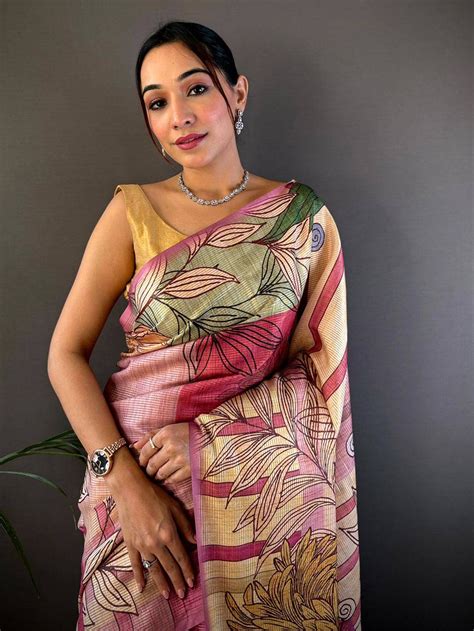 Burgundy Tussar Silk Floral Prints Saree Online Vastranand