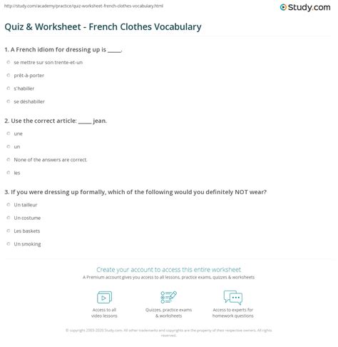 Quiz & Worksheet - French Clothes Vocabulary | Study.com