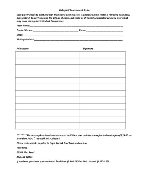 Fillable Online Volleyball Tournament Roster - Eagle, Nebraska Fax ...