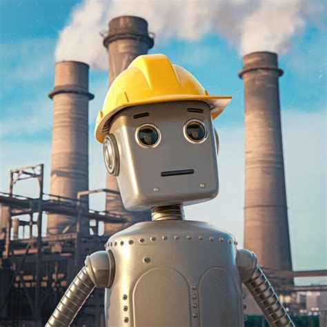 A robot worker in a hard hat stands in front of a factory | Premium AI ...