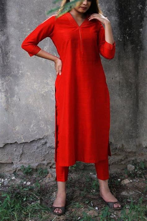 Women's Red Silk Lapel Kurta Drainpipe Pants Set Evening Wear | Rang ...