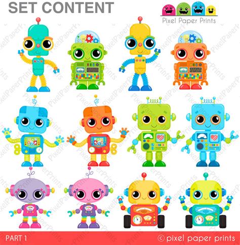 Colorful Robots Clip Art and Digital Paper Set Robot - Etsy