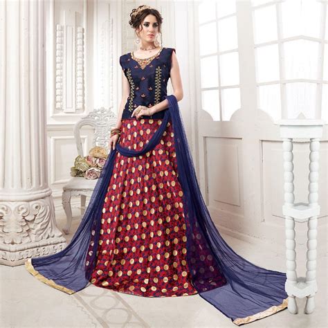 Gleaming Navy Blue-Red Colored Partywear Embroidered Jacquard Silk ...