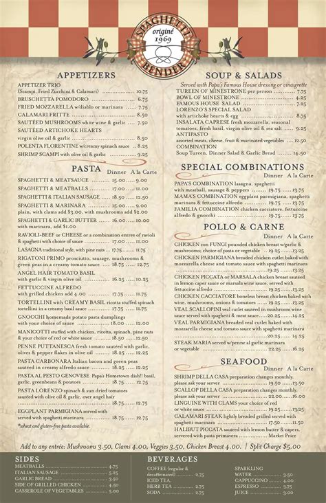 Menu at Spaghetti Bender restaurant, Newport Beach