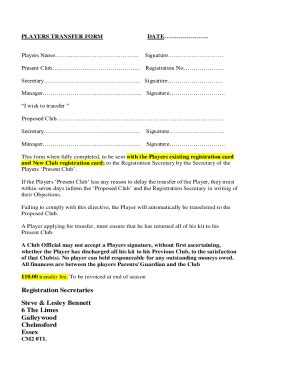 Fillable Online PLAYERS TRANSFER FORM Fax Email Print - pdfFiller