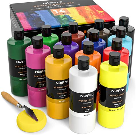 Nicpro 14 Colors Large Bulk Acrylic Paint Set (16.9 oz,500 ml) Rich Ac