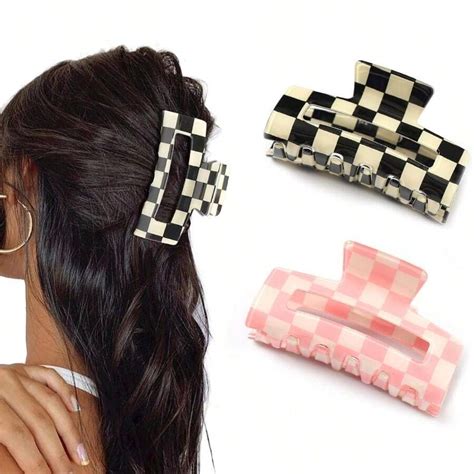 2Pcs Checkered Rectangle Multicolored Claw Barrettes Strong Hold Y2K ...