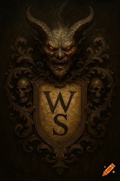 Demonic face above a shield with 'WS', flanked by skulls and ornate ...