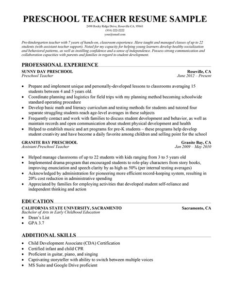 Free Sample Preschool Teacher Resume