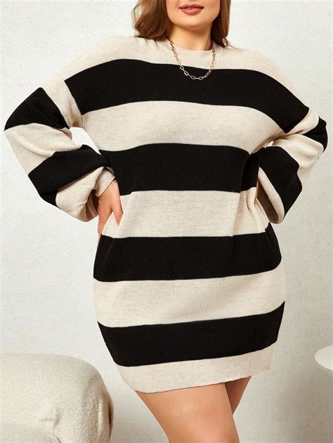 EURMUSE Plus Size Black And White Striped Drop Shoulder Sweater Dress ...