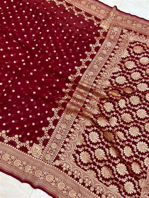 Maroon Khaddi Georgette Handloom Banarasi Saree - Gold zari — The Handlooms