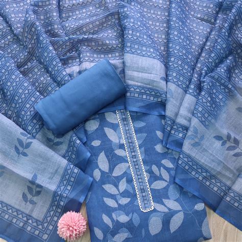 Shiddat Indigo Blue Digital Floral Printed Cotton Linen Suit Set ...