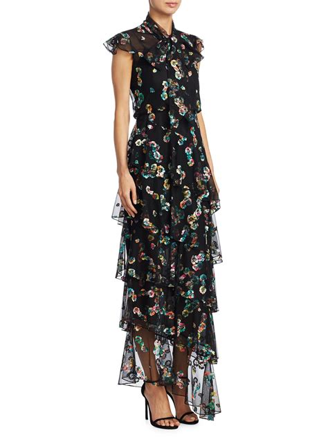 ml monique lhuillier black floral embroidered gown