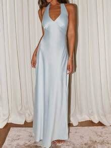 Women Halter Satin Maxi Dress Sleeveless Tie Up Backless V Neck Elegant ...