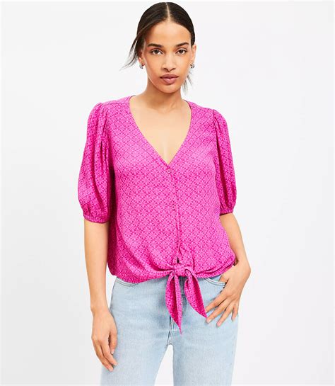 Stamped Puff Sleeve Tie Front Blouse