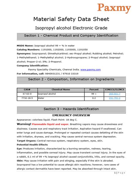 Isopropyl Alcohol Safety Data Sheet | PDF | Hazardous Waste | Waste