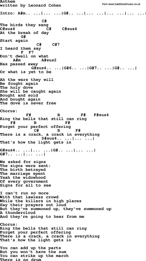 Leonard Cohen song: Anthem, lyrics and chords