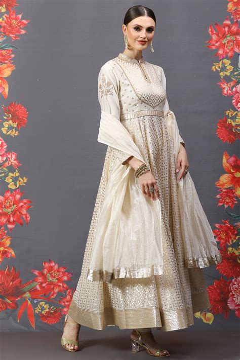Rohit Bal Cream Cotton Silk Anarkali Yarndyed Suit Set at Biba India