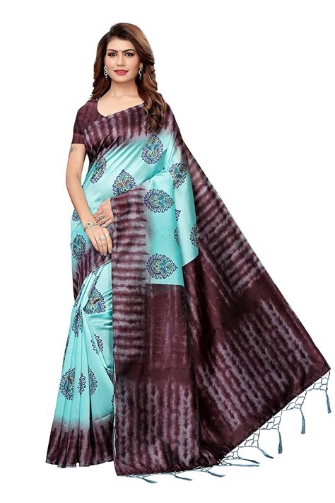 Buy GoSriKi Women's Sky Blue Color Mysore Art Silk Printed Saree Border ...