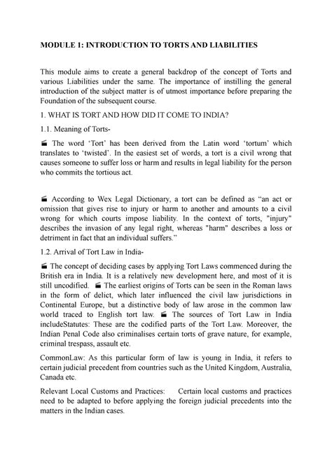 Tort I - Lecture notes 1-2 - MODULE 1: INTRODUCTION TO TORTS AND ...