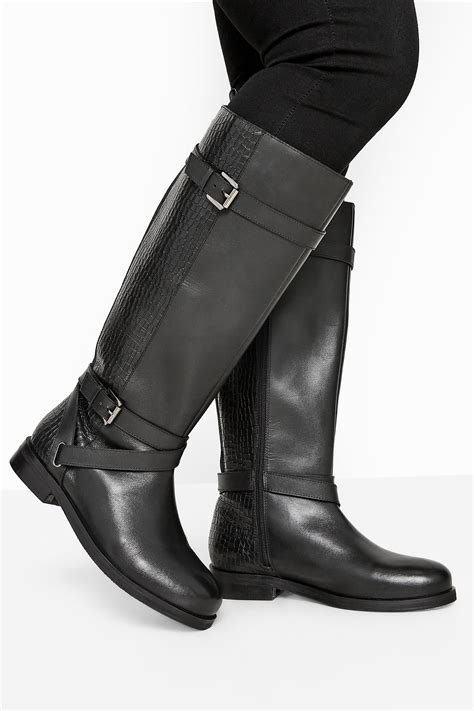 Black Leather Buckle Calf Knee High Riding Boots In Extra Wide Fit ...