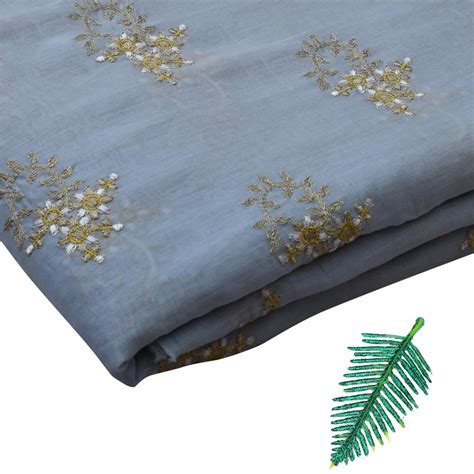 Buy Grey-Golden Color Embroidered Fine Chanderi Fabric 75815-18/3 | FFAB