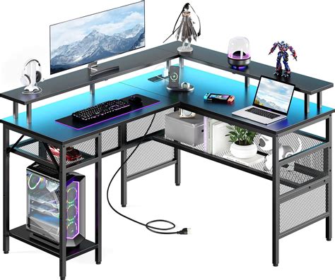 ODK Gaming Desk with LED Lights, L Shaped Gaming Desk with Power Outlet ...