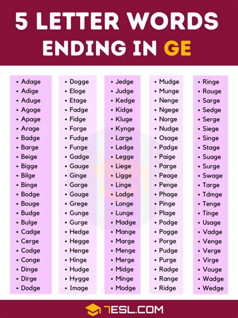 5 Letter Words Ending in GE (118 Words in English) • 7ESL