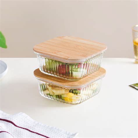 Large Airtight Glass Storage Container With Wooden Lid Set Of 2 800ml ...