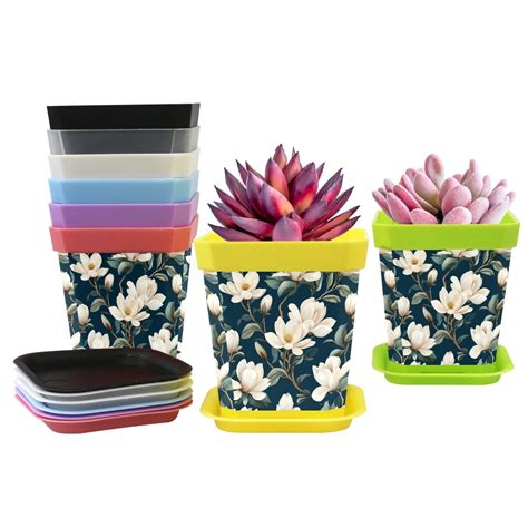 8-pack Magnolia Printed Plant Pots with Drainage Holes and Base for ...