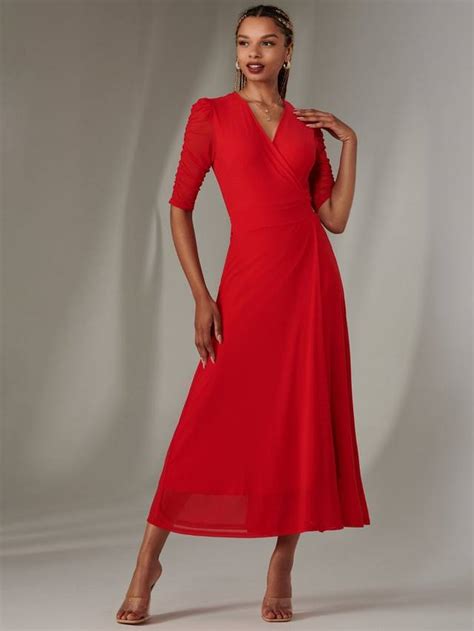 Jolie Moi Zeena Mesh Ruched Wrap Dress, Red