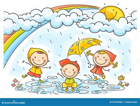 Kids Playing In The Rain Stock Vector - Image: 44759686