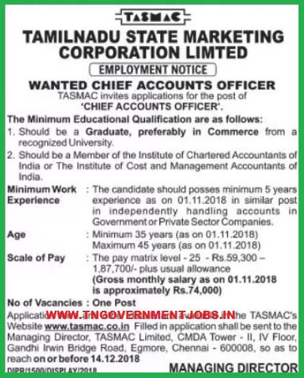 TASMAC Accounts Officer Recruitment November 2018 | TN GOVERNMENT JOBS