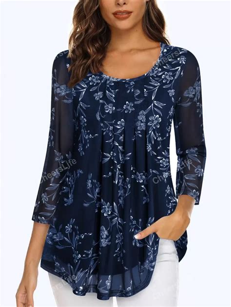 CheersLife Women's Casual 3/4 Sleeve Tunic Tops Floral Double Layers ...