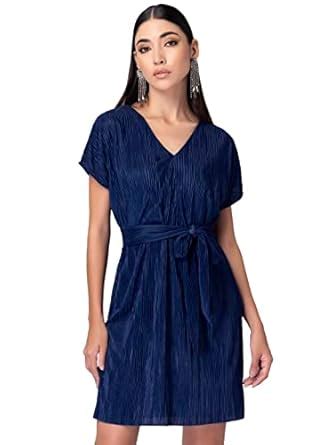 Buy Faballey Women's Polyester Navy Pleated Belted Shift Dress Mini ...