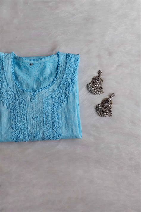 Aaliyah Sky Blue Long Jacquard Cotton – Noor Chikankari