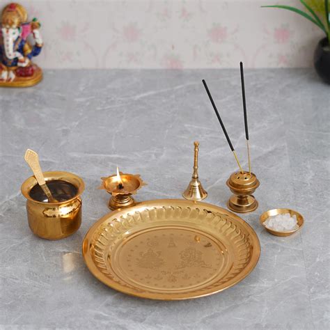 eCraftIndia Golden Metal Handcrafted Lakshmi Ganesha Design Pooja Thal