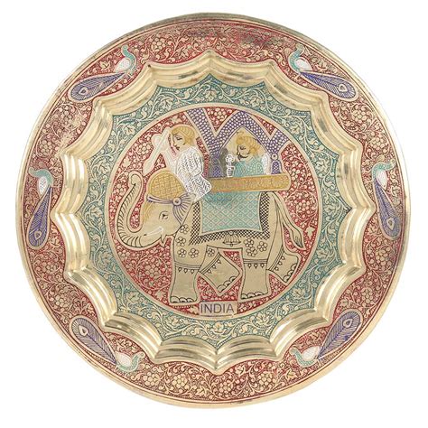 King on Elephant Design Meenakari Brass Plate