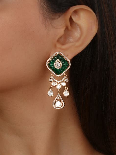 Green Color Gold Plated Faux Polki Earrings - PK-E160D – Mortantra