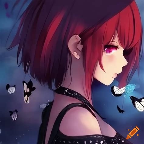 Anime girl with black and red hair surrounded by butterflies