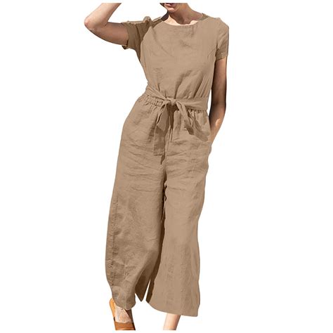 BLVB Linen Jumpsuit, Short Sleeve, Loose Wide Leg, Stretchy Breathable ...