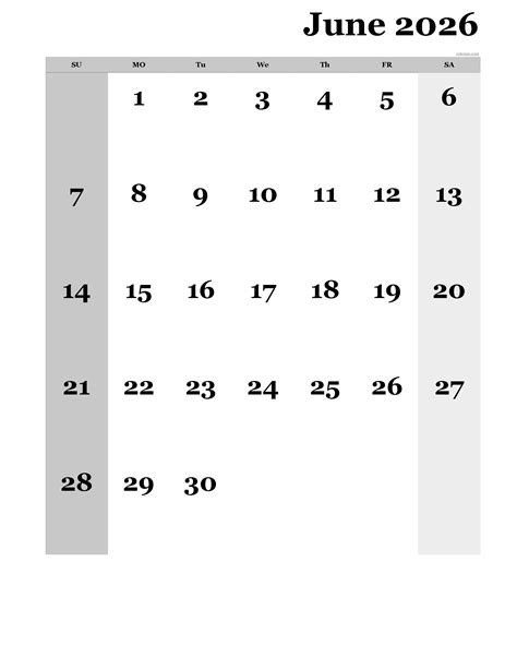 ᐅ June 2026 Calendar | Free Printable PDF, XLS and PNG