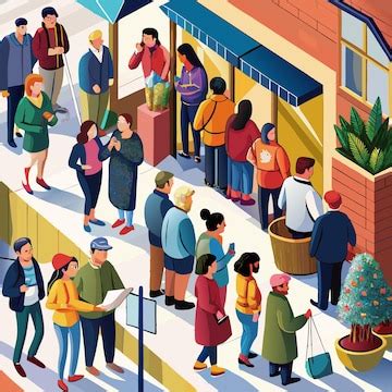 A diverse group of people stand in line outside a store some looking at ...
