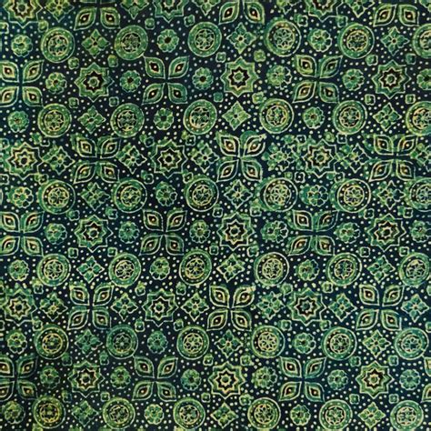Pure Cottn Ajrak Blue With Green Tiles Hand Block Print Fabric – Sanskruti