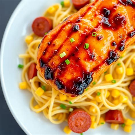 Soy-Glazed Chicken Cutlets with Angel Hair Pasta, Cut Franks, and Sweet ...