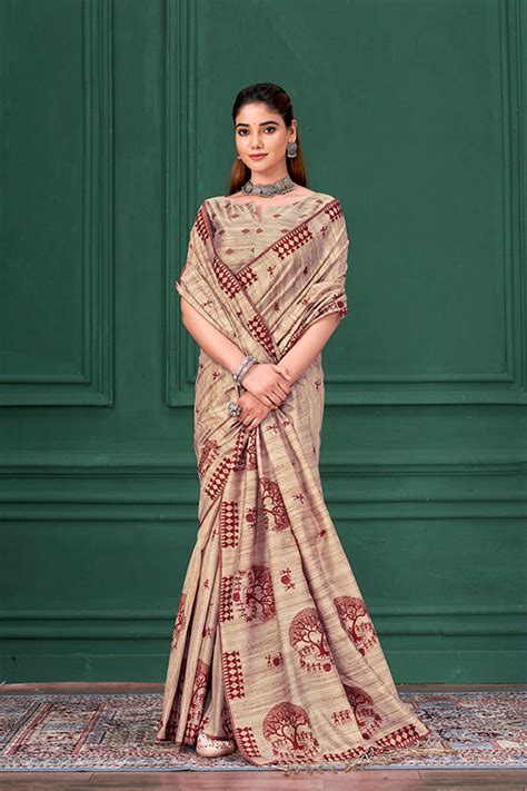 Chiku Tussar Silk Warli Print Saree