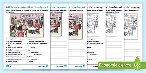 Activité sur les prépositions de lieu : le restaurant